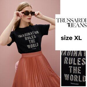Trussardi Black Short Sleeve Tee with White Studded Lettering